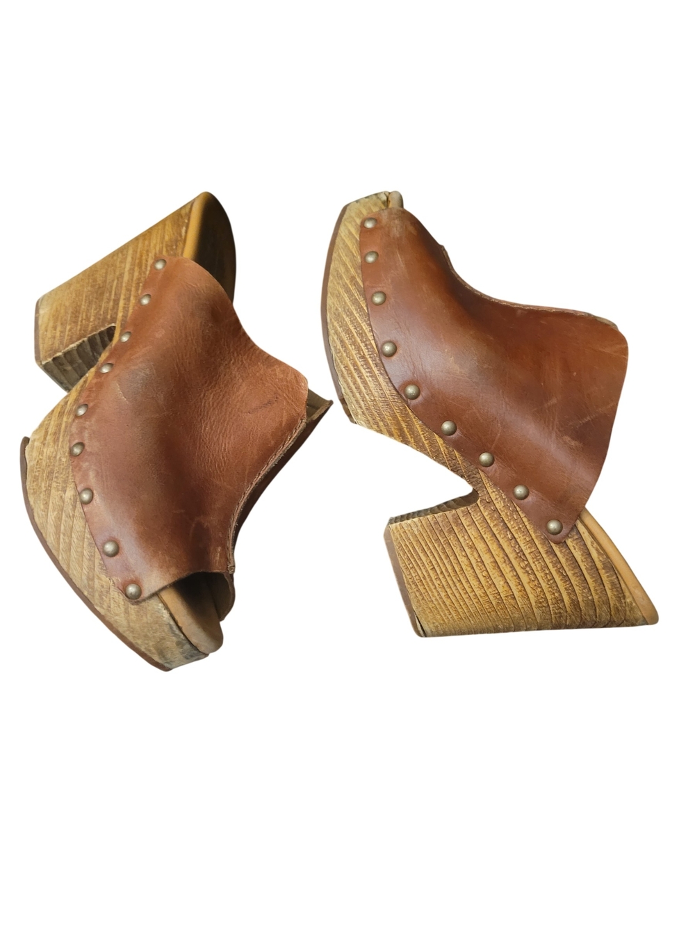 Kork-Ease Peep Toe Brown Leather Studded Wooden Platform Clog